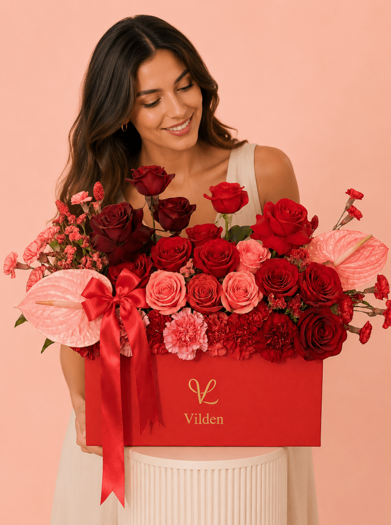 Crimson Serenade red rose flower box with pink anthuriums, red ribbon, and female model on peach background.