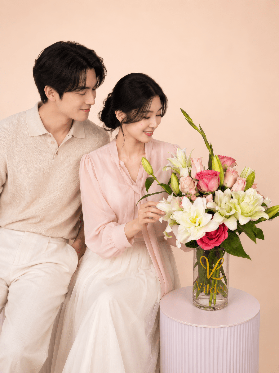 Handcrafted sweet graceful white lilies, soft pink roses, and quietly romantic with a couple at the Vilden studio.
