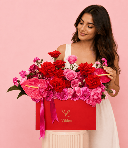 Amore Vivace red and pink rose floral arrangement in a Vilden box with a model at the Vilden Studio