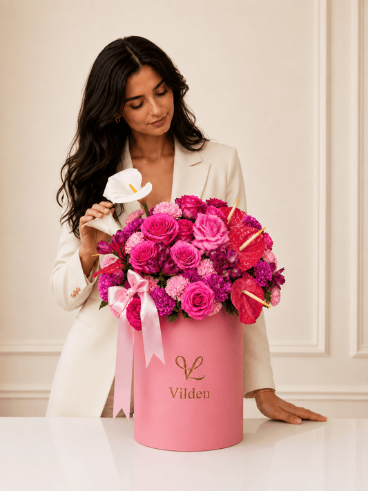 Pink Rhapsody floral arrangement in a Vilden box with a model in a cream blazer