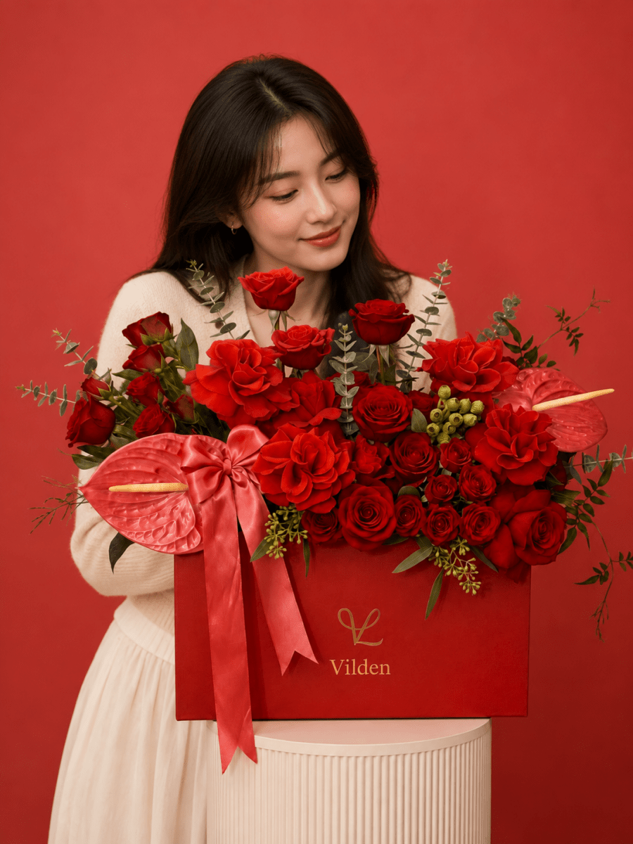 Rosso Forte red floral arrangement in a Vilden box with a model in a cream outfit